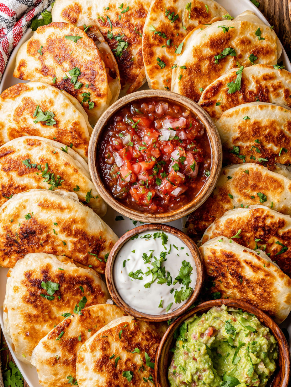 Mini chicken quesadillas with salsa and guacamole.