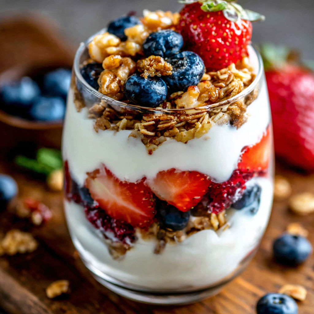 A glass of yogurt with granola and strawberries.