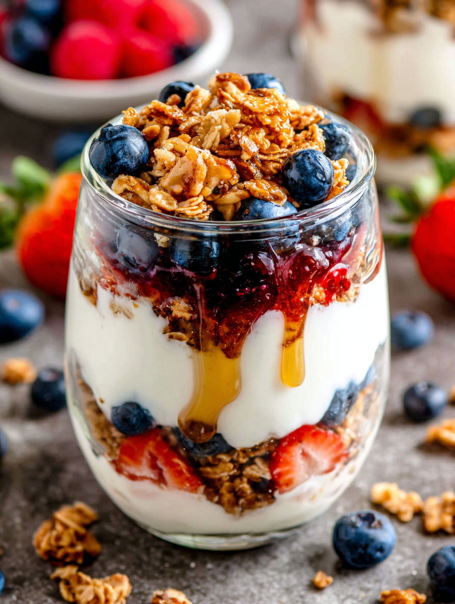 A glass of yogurt with granola and blueberries.