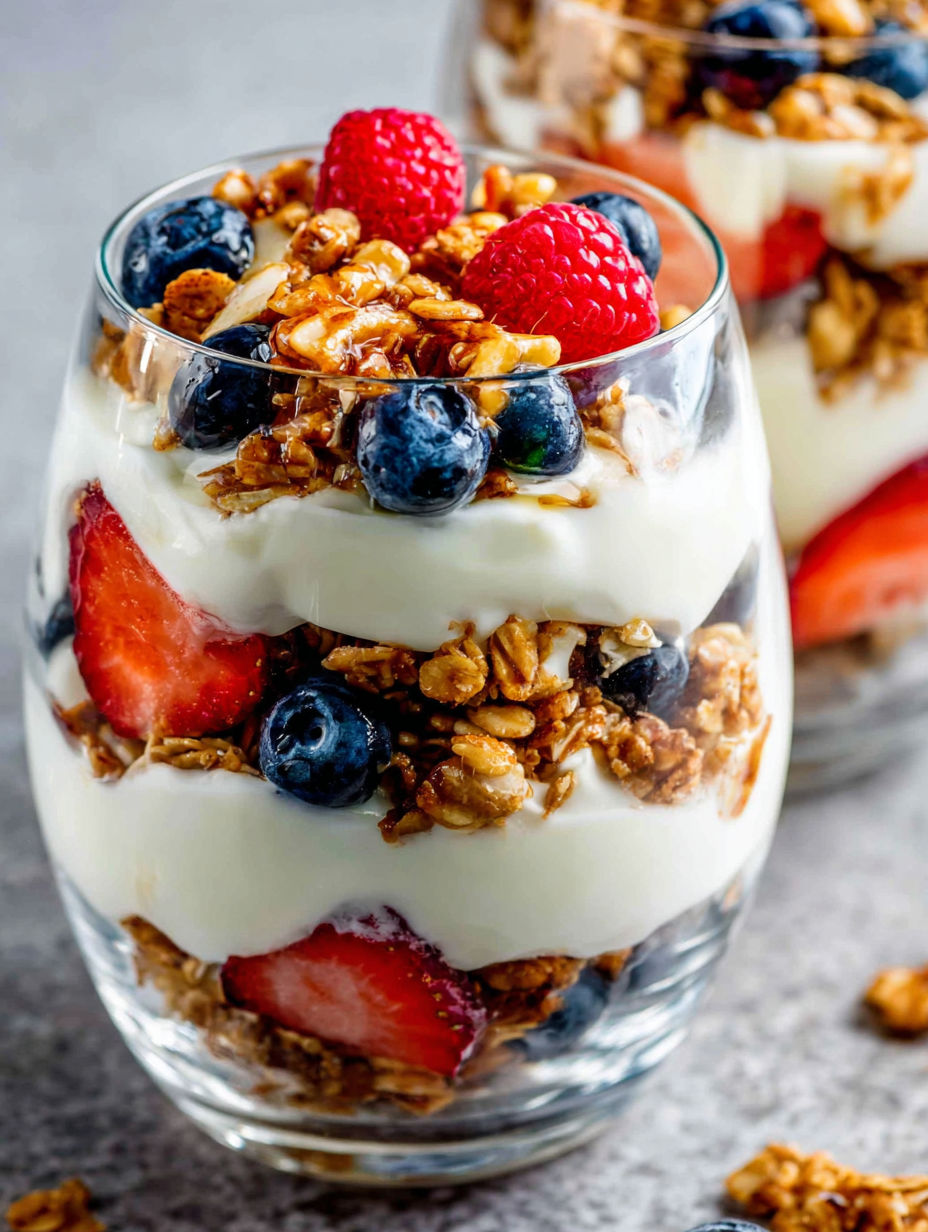 A glass of yogurt with granola and berries.