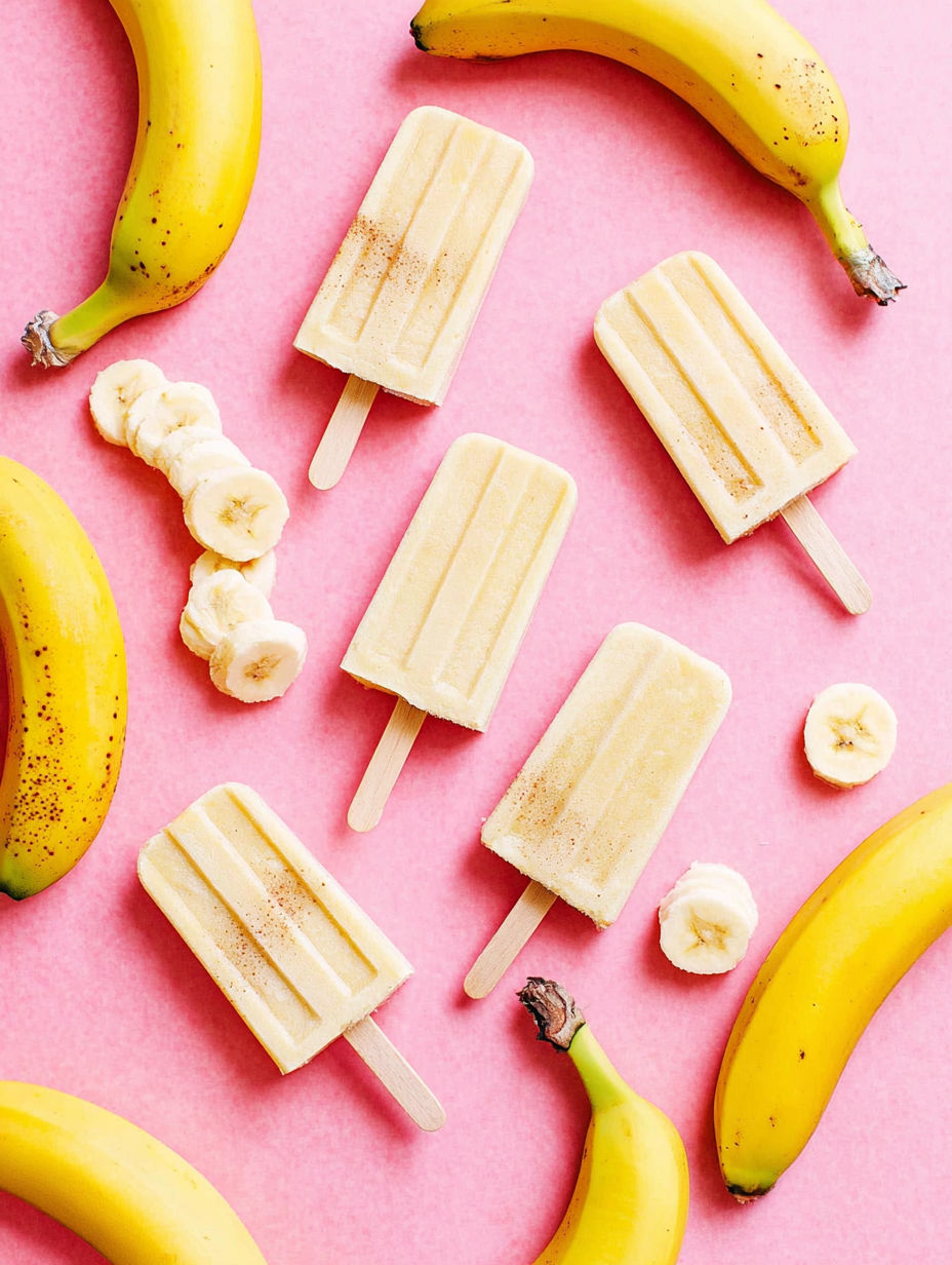 Bananas and ice cream on a pink background.