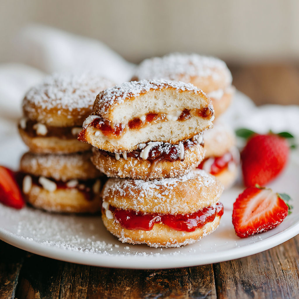 A plate of fried uncrustables with strawberries on top.