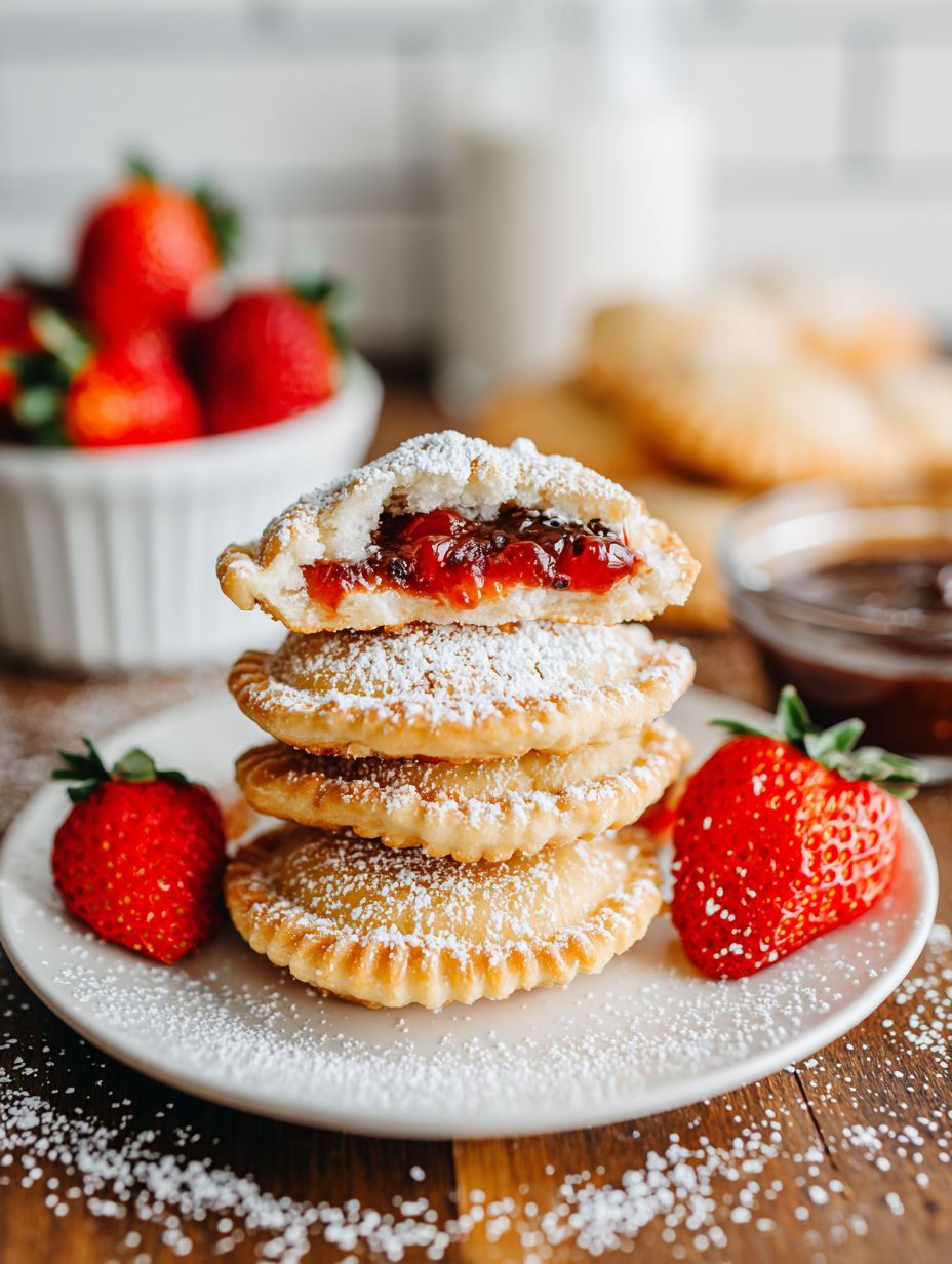 A stack of pastries with powdered sugar and strawberries.