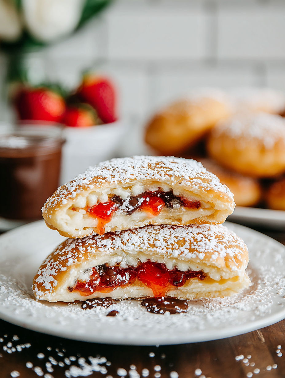 A plate of food with powdered sugar and jelly.