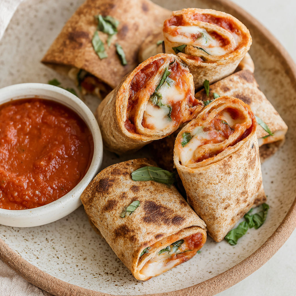A plate of air fryer tortilla pizza rolls with sauce.