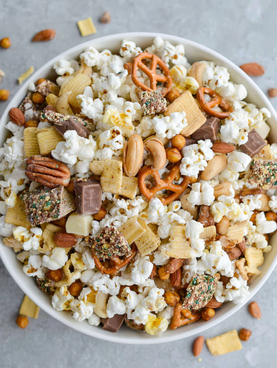 A bowl of popcorn with various toppings.