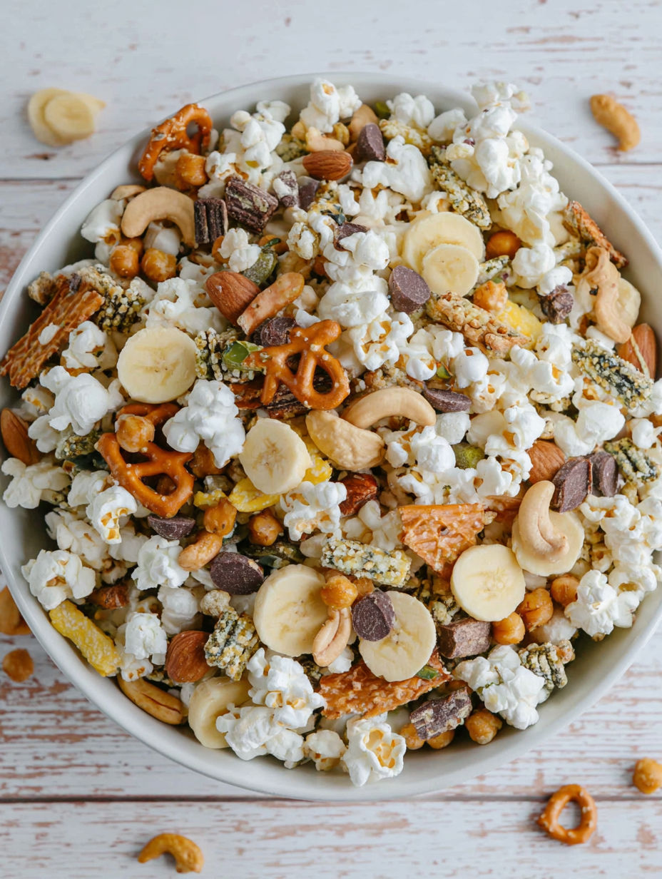 A bowl of popcorn with various toppings.