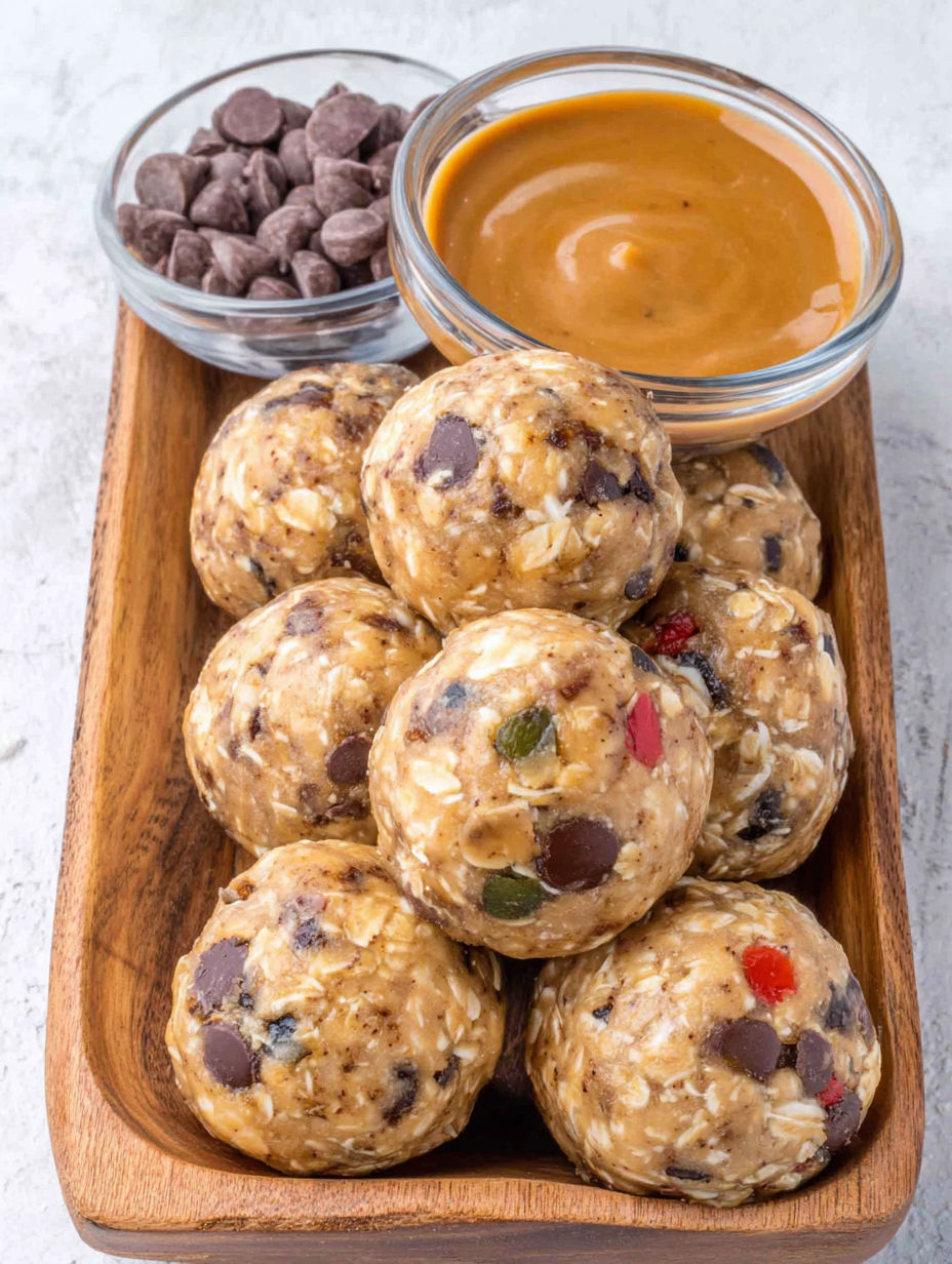 A plate of protein balls with a dipping sauce.