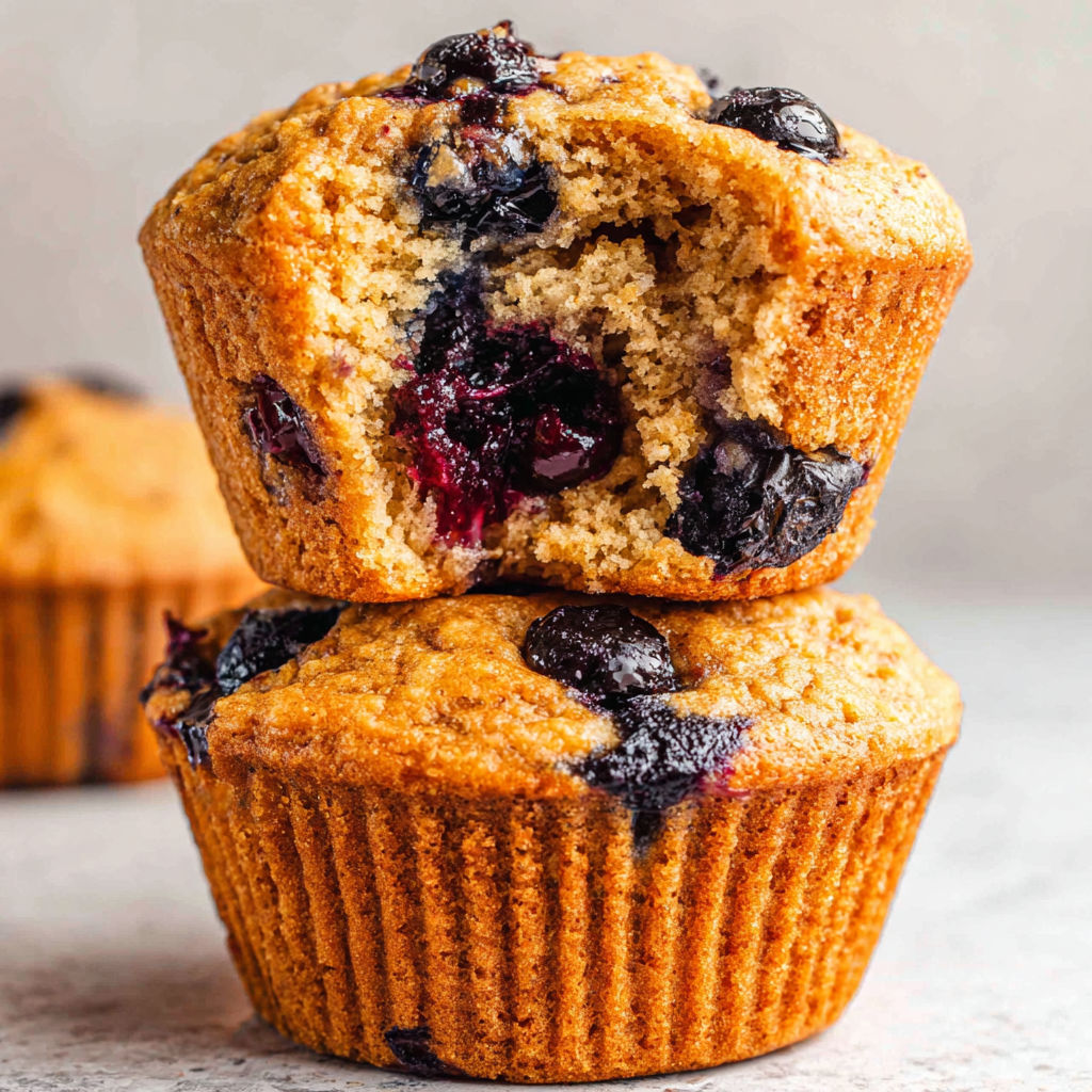 Two muffins with blueberries on top.