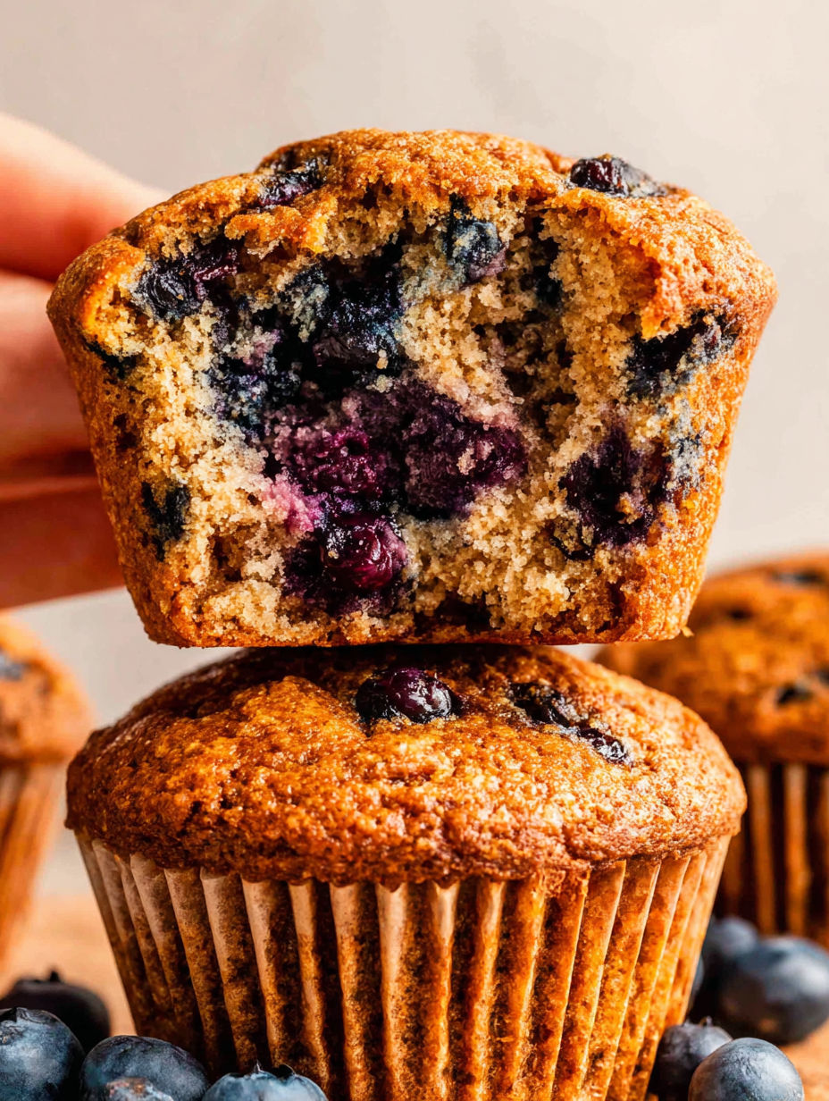 A person holding a muffin with blueberries.