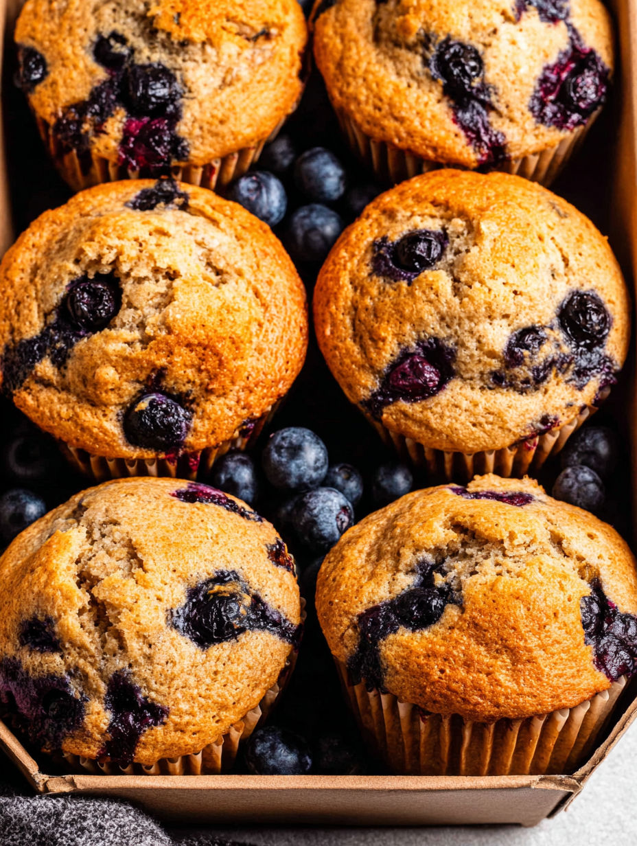 A box of muffins with blueberries in it.