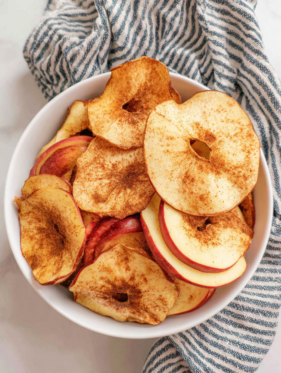 A bowl of apple chips with cinnamon sprinkled on top.