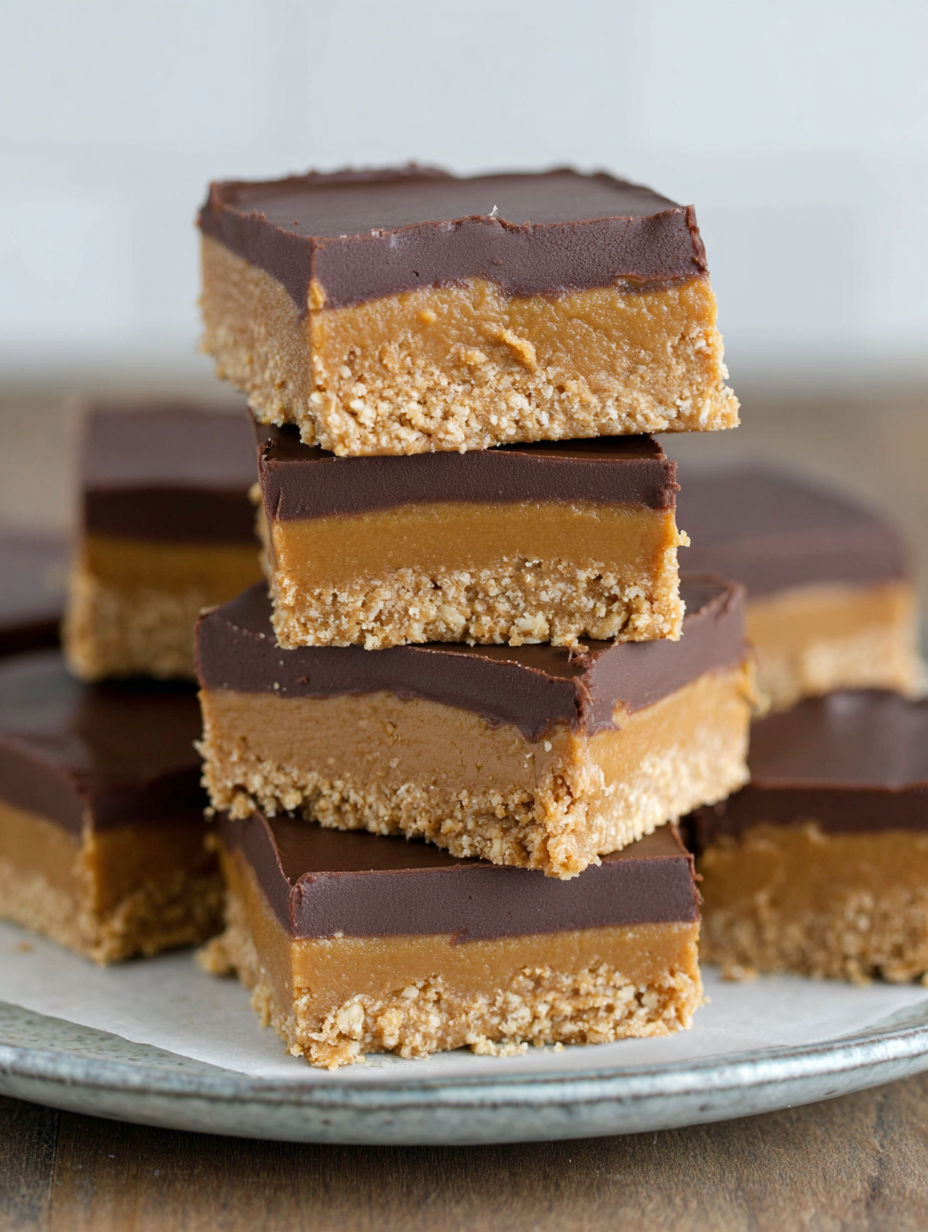 A stack of chocolate peanut butter bars with oats.