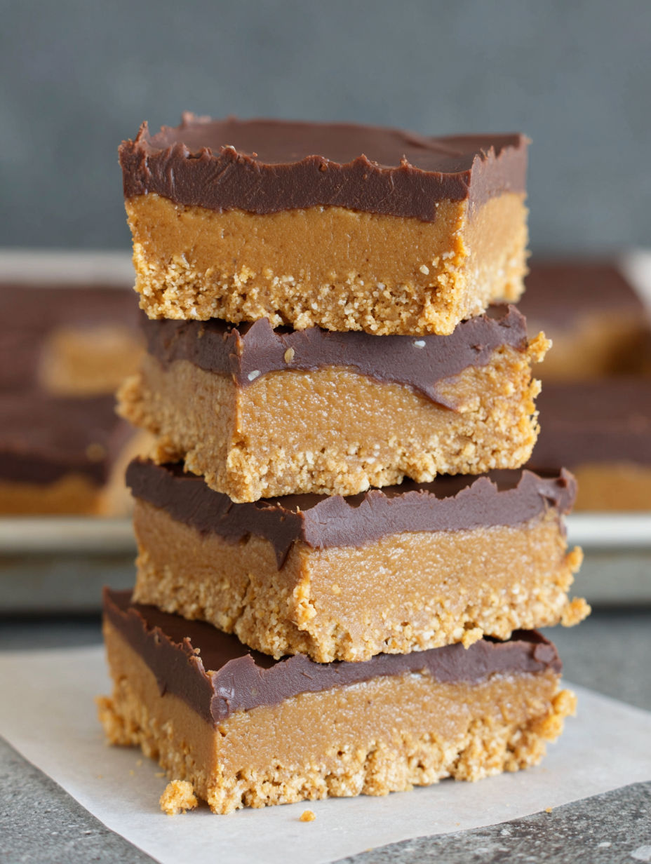 A stack of three chocolate peanut butter bars with oats.