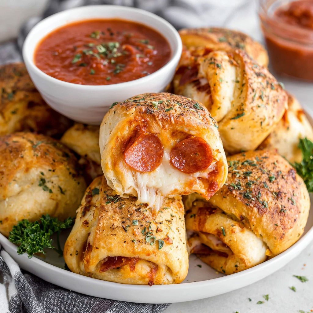 A plate of pepperoni pizza rolls.