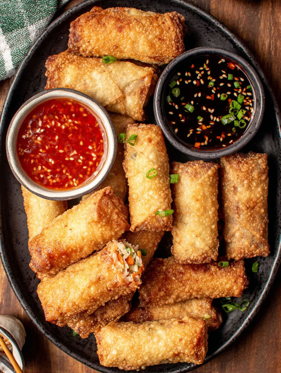A plate of homemade egg rolls.