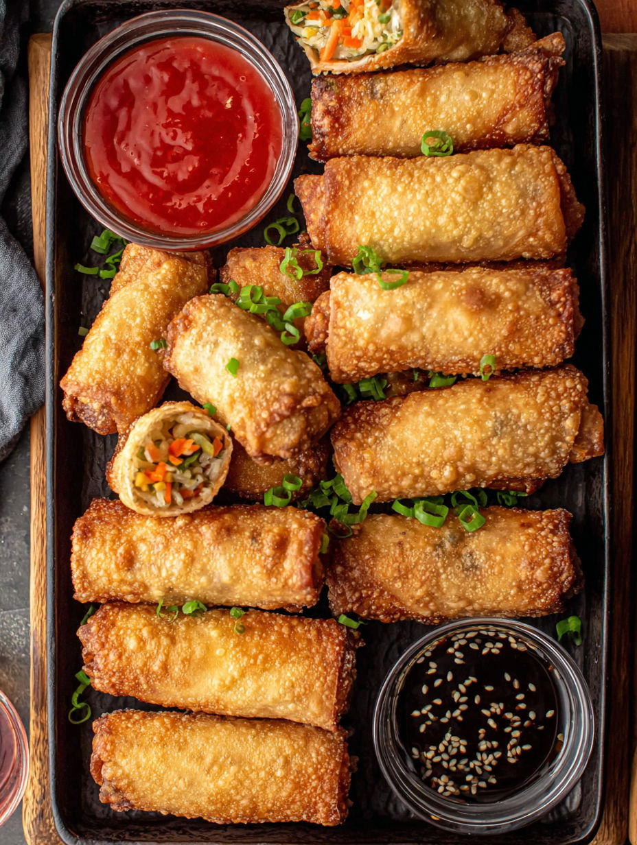 A tray of homemade egg rolls with dipping sauce.
