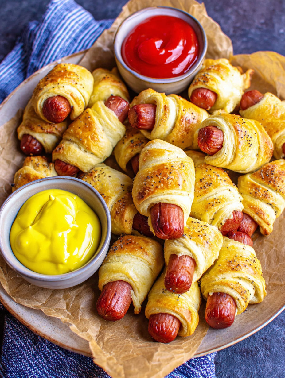 A plate of hot dogs with mustard and ketchup.