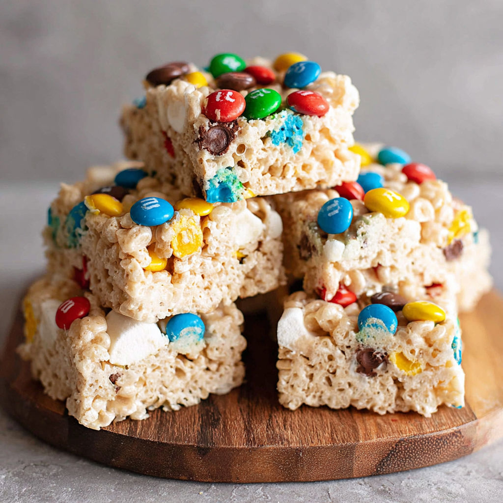A stack of M&M Rice Krispie treats.