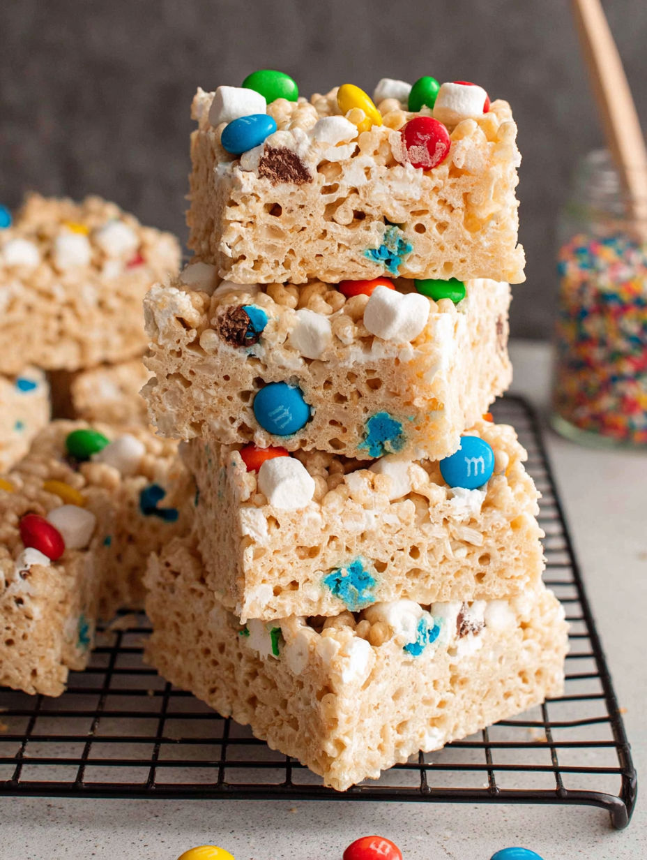 A stack of cereal bars with marshmallows and candy.