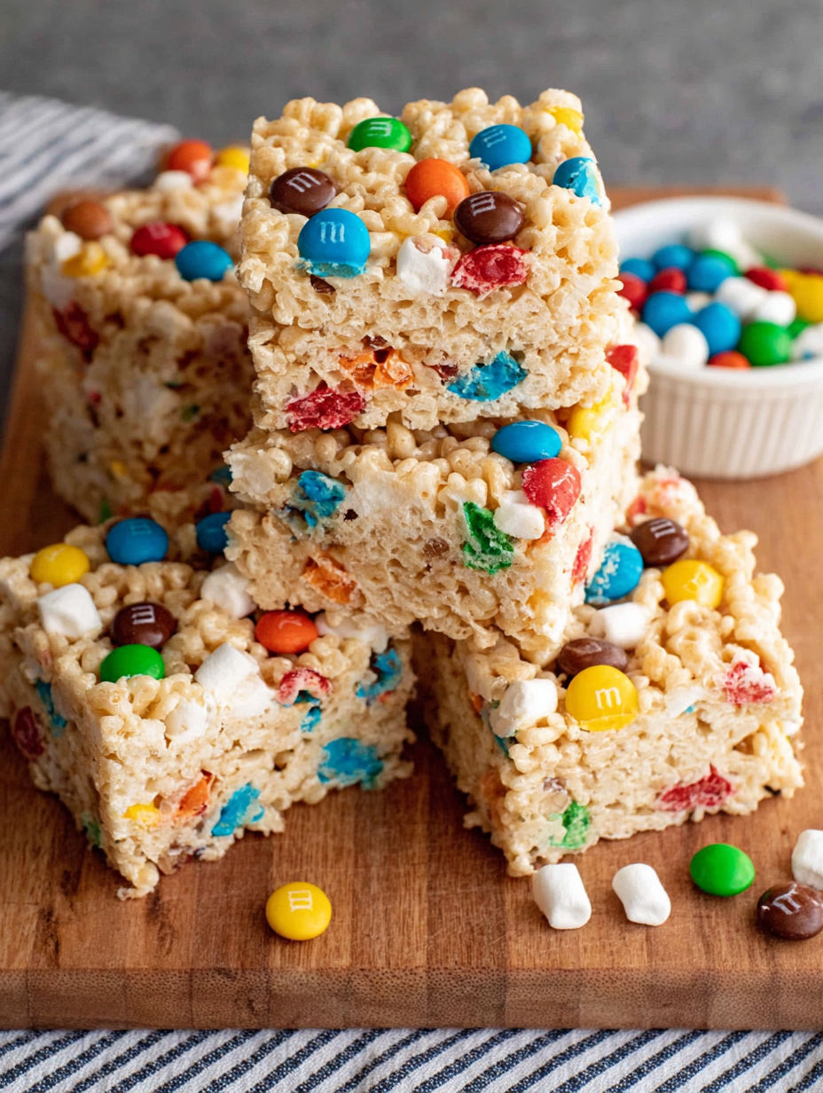 A stack of cereal bars with M&M's and marshmallows.