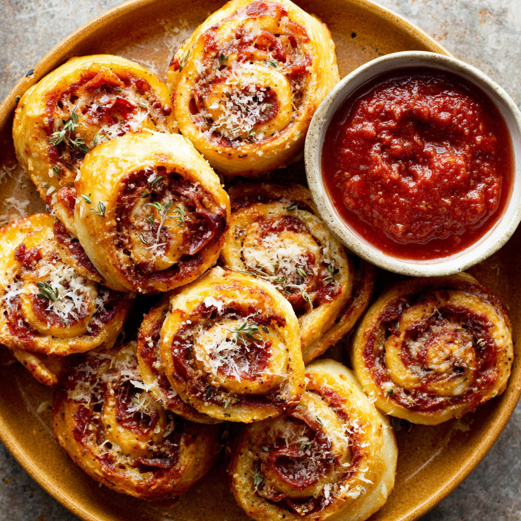 A plate of pizza wheels with sauce.