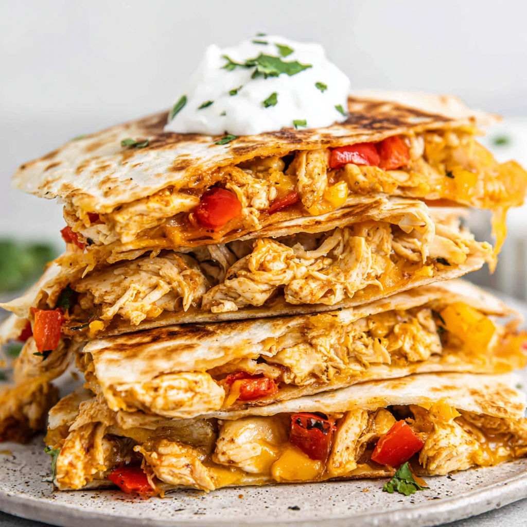 A stack of chicken quesadillas with white cheese and green onions.