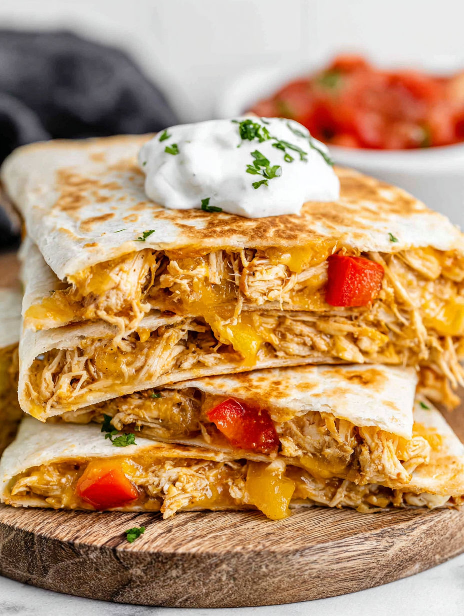 A stack of chicken enchiladas with white cheese and green onions.