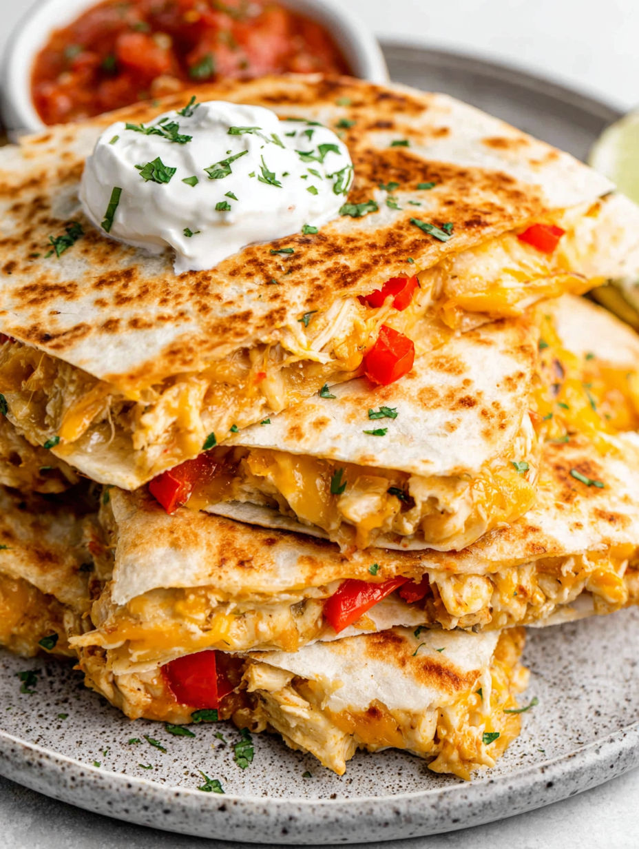 A stack of chicken enchiladas with white sauce.