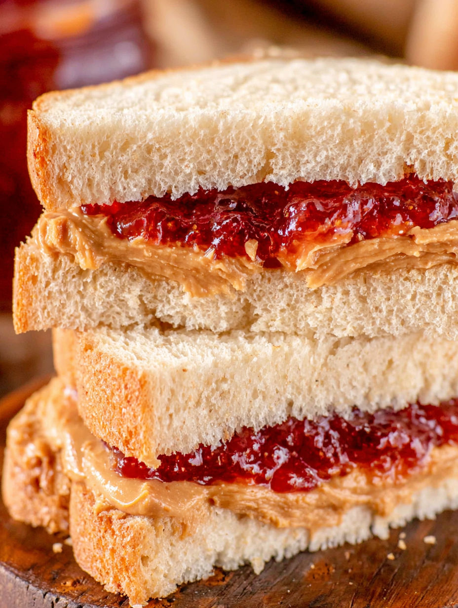 Two slices of bread with peanut butter and jam.
