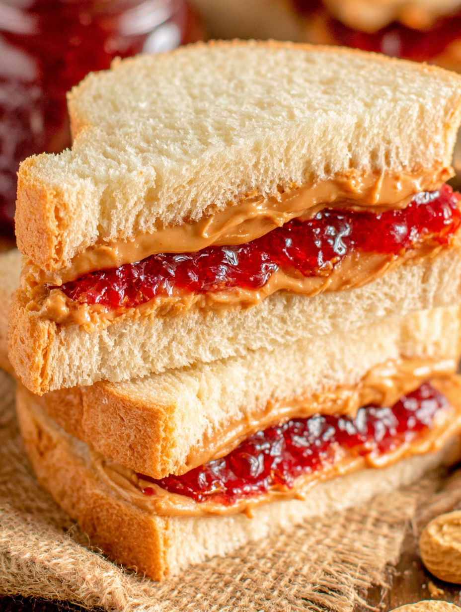 A stack of peanut butter and jelly sandwiches.