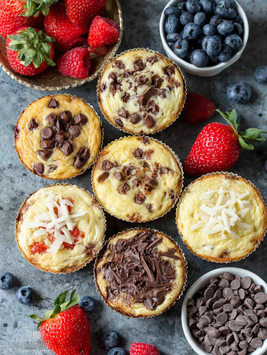 Six different flavored muffins with chocolate, strawberry, and blueberry toppings.