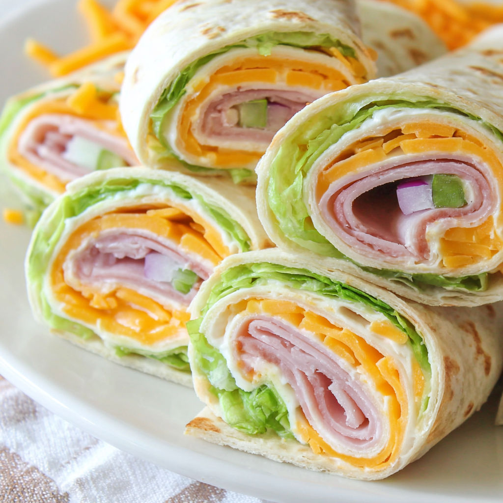 A plate of turkey roll ups with cheese and lettuce.