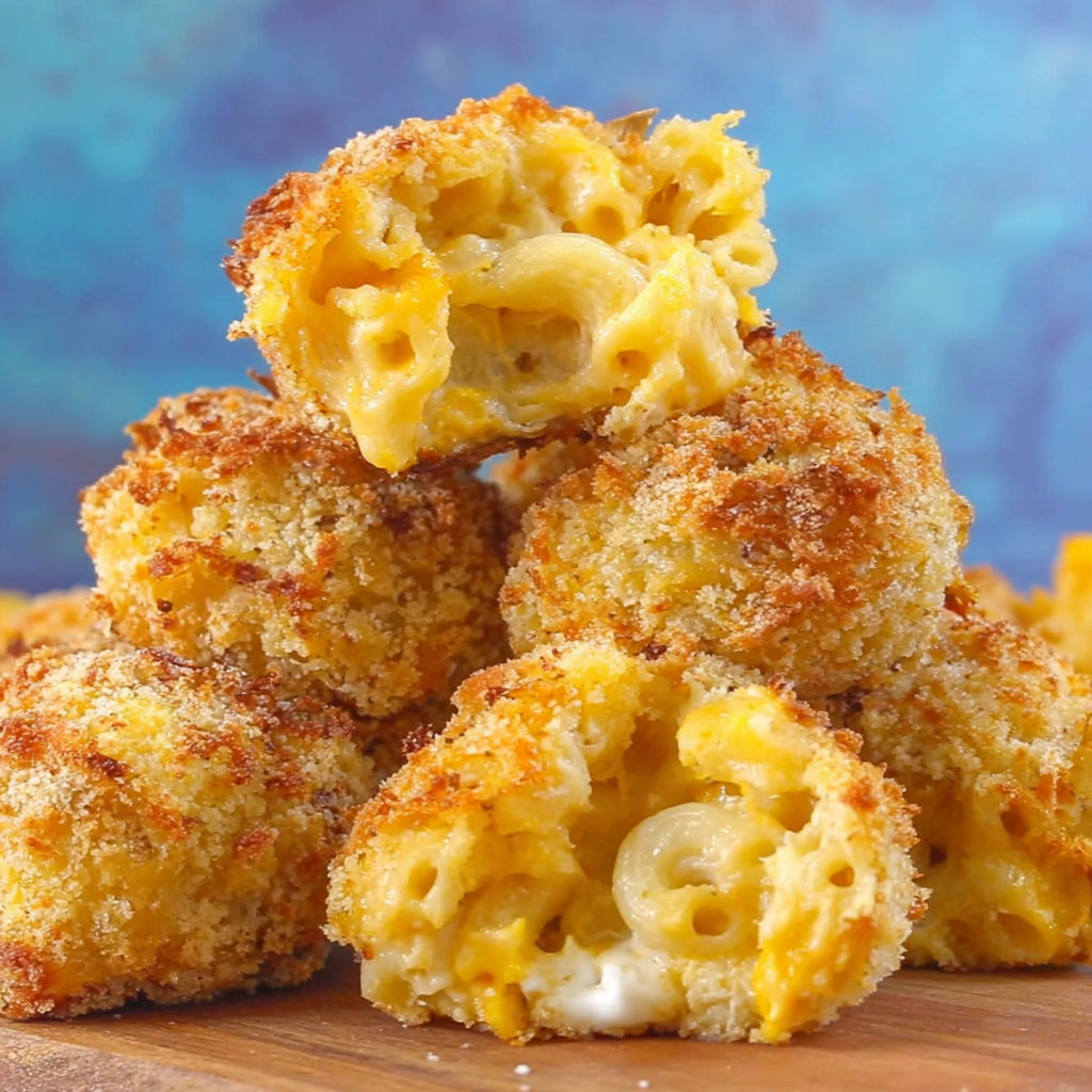 A stack of crispy baked mac and cheese bites.