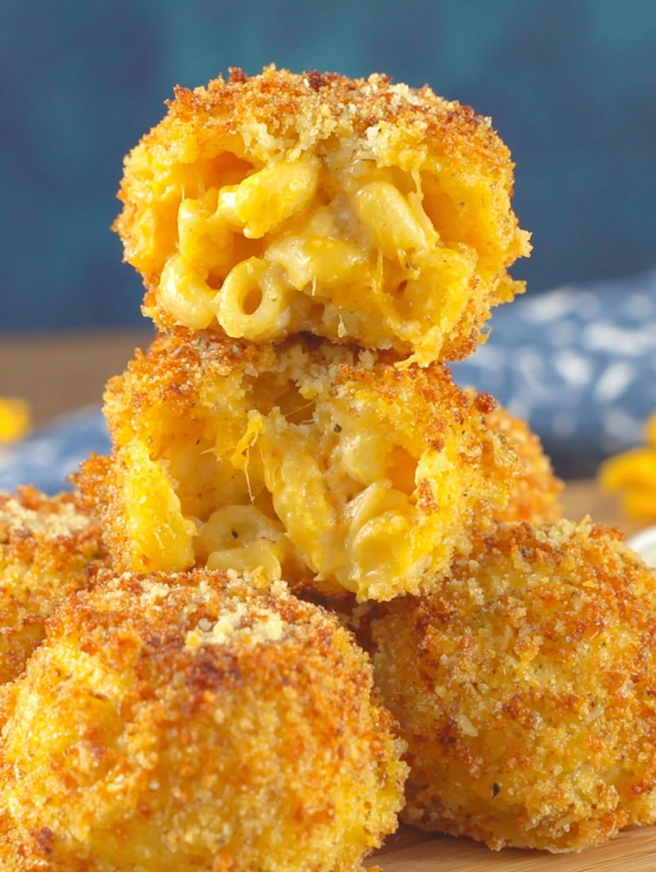 Three crispy baked mac and cheese bites.
