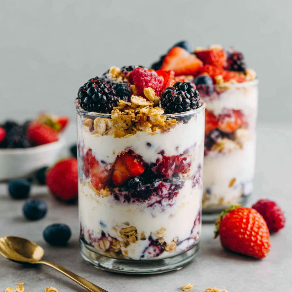 A glass of yogurt parfait with berries and granola.
