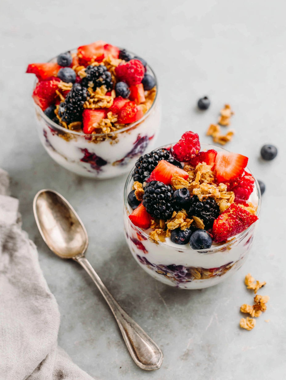 A bowl of yogurt with granola and berries.