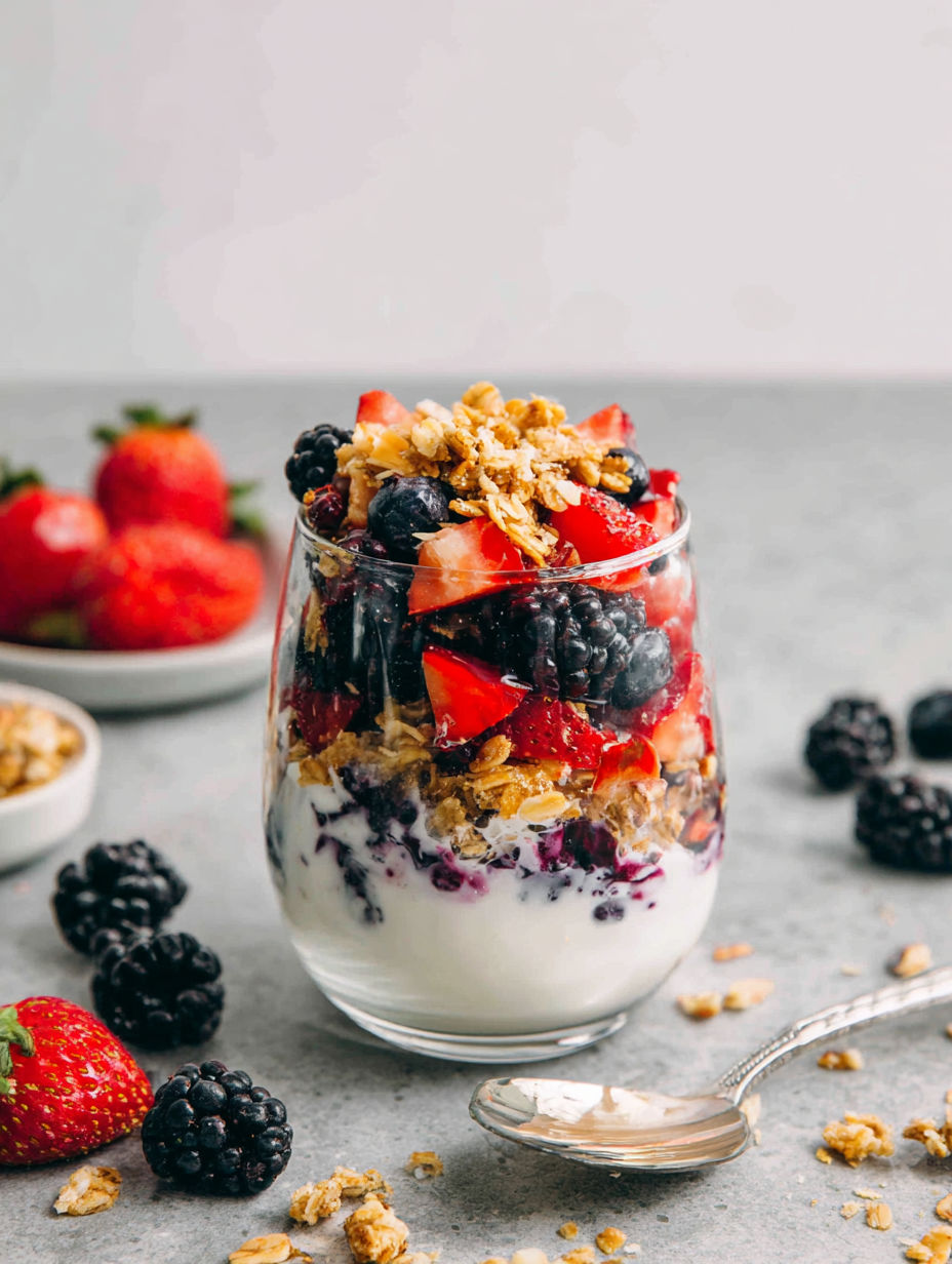 A glass of yogurt parfait with berries and granola.