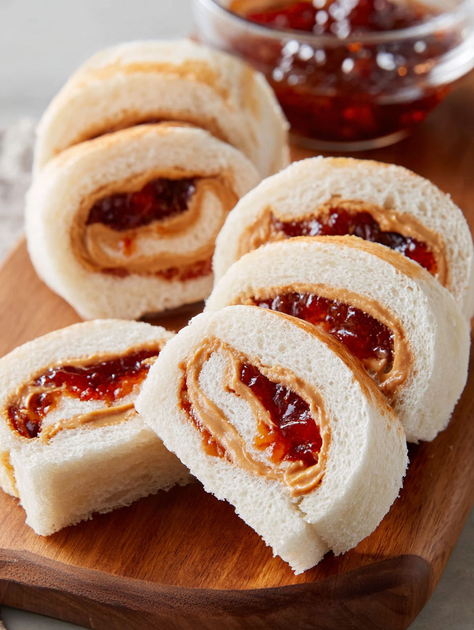 A plate of peanut butter and jelly sushi rolls.