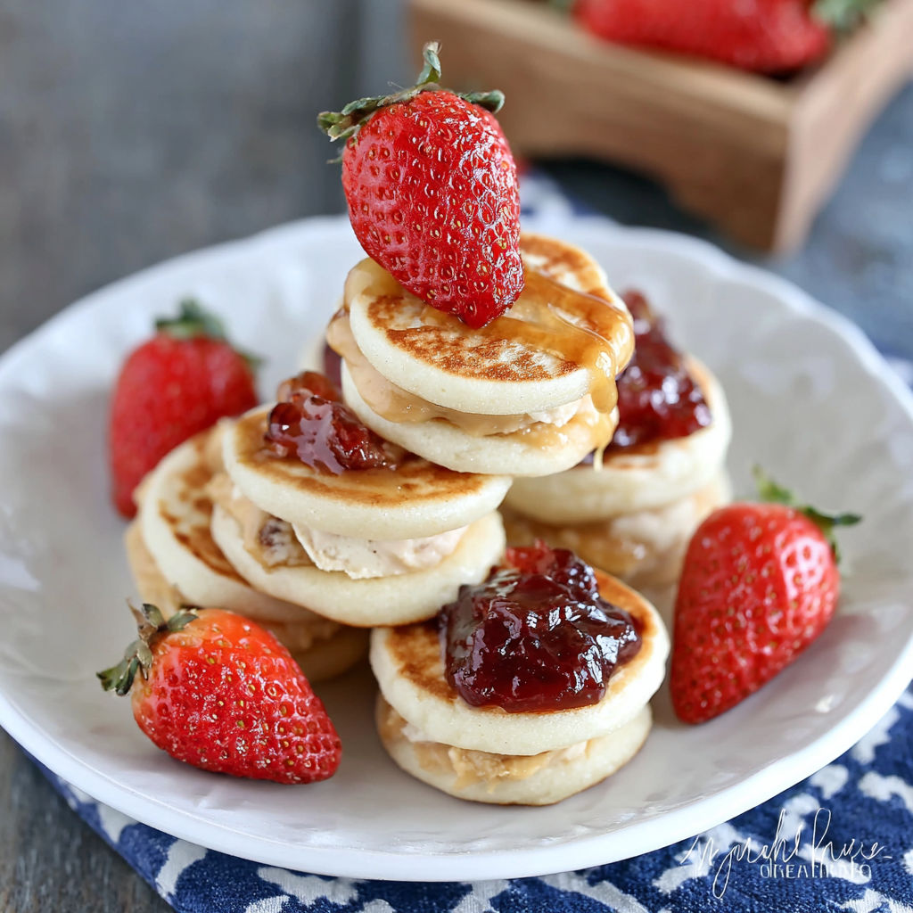 A stack of peanut butter and jelly mini pancakes.