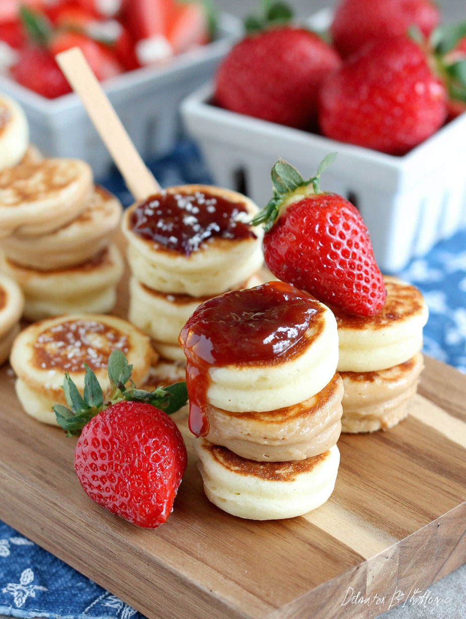 A stack of pancakes with strawberries on top.