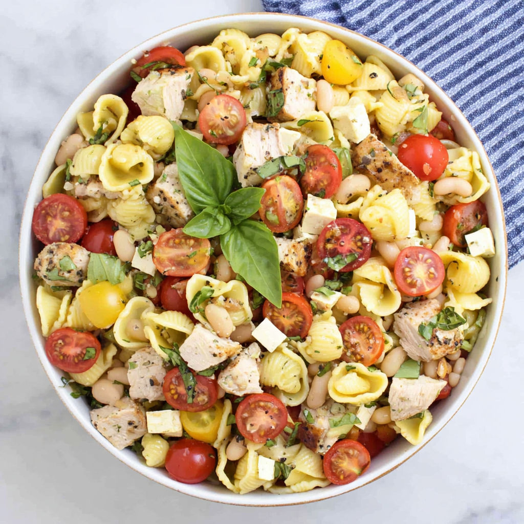 A bowl of pasta salad with chicken, tomatoes, and beans.