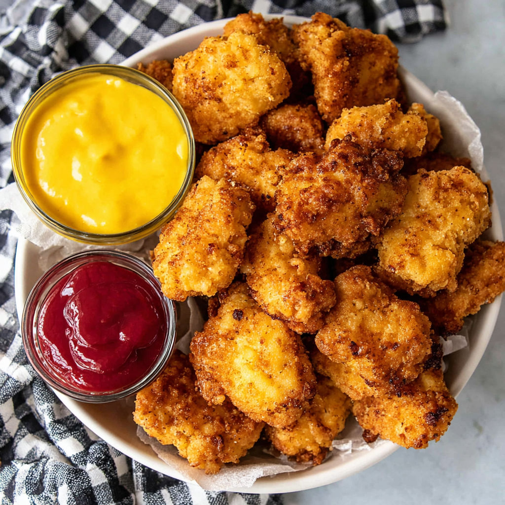 A bowl of chicken nuggets with a side of dipping sauce.
