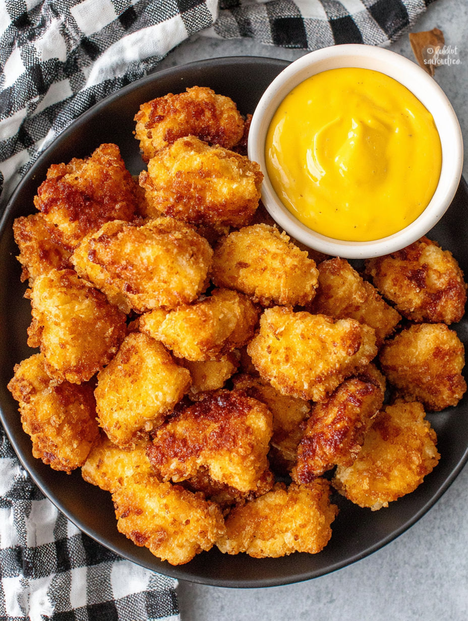 A plate of fried chicken with a bowl of dipping sauce.