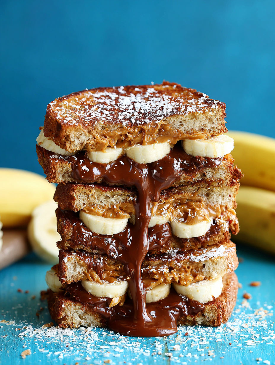 A stack of sandwiches with chocolate sauce drizzled on top.