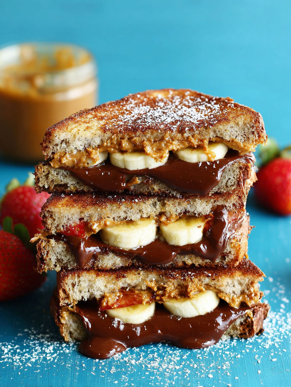A stack of sandwiches with peanut butter and bananas.