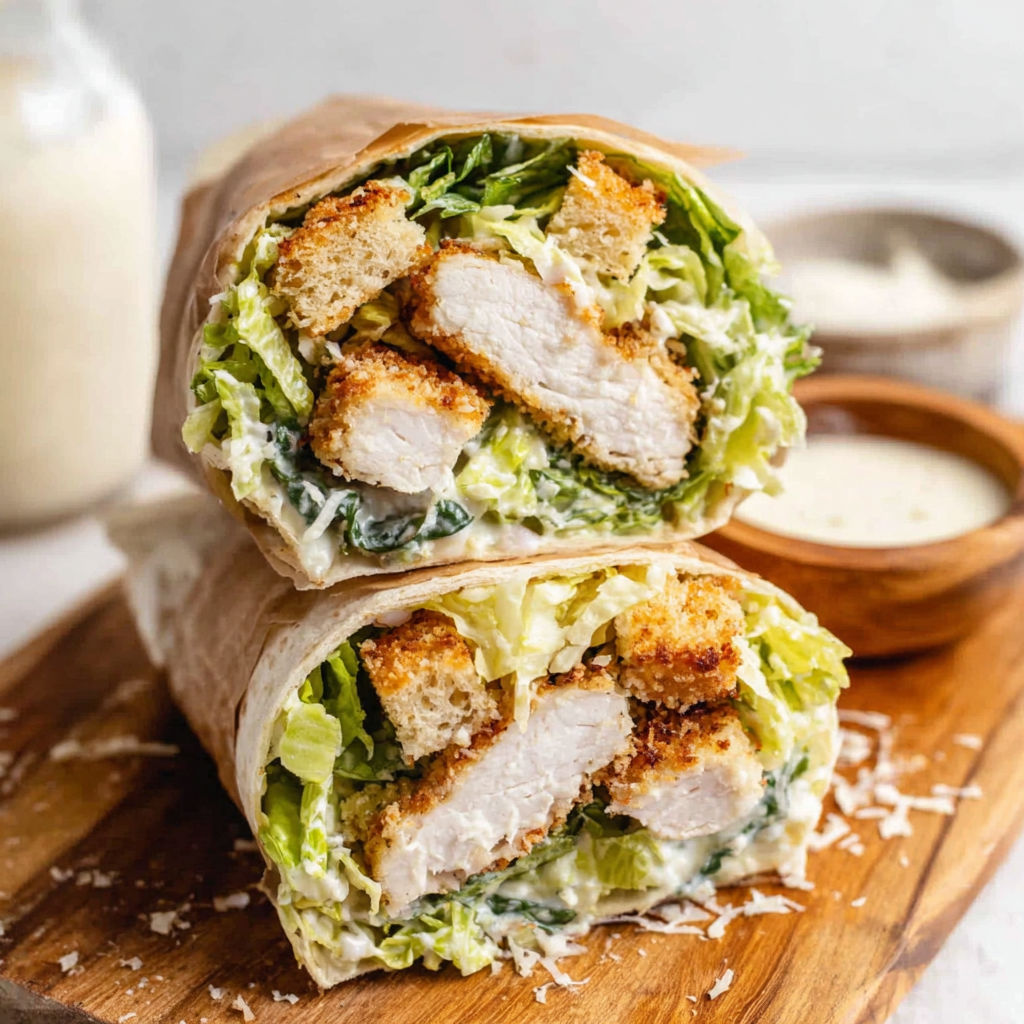 A chicken Caesar wrap on a wooden cutting board.
