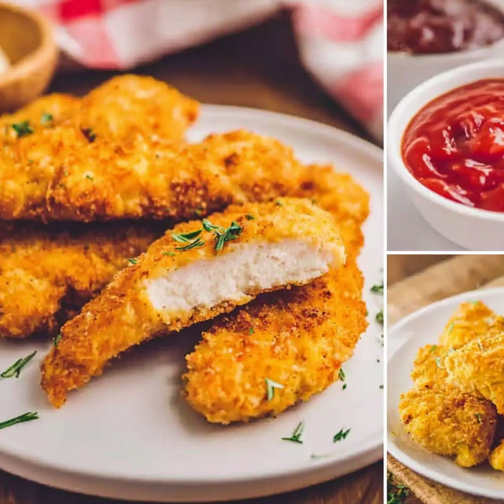 A collage of images of homemade chicken tenders.