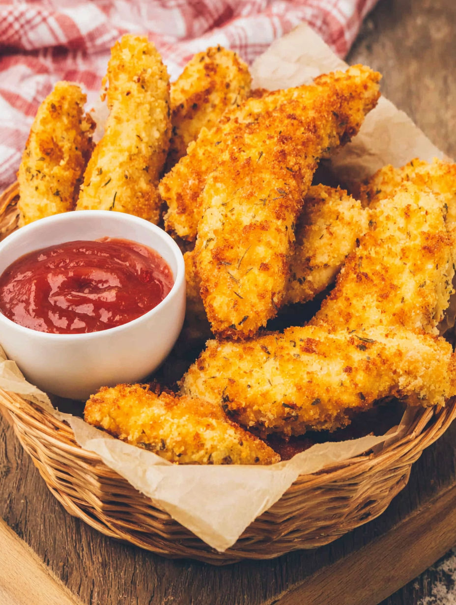 A bowl of chicken tenders with a dipping sauce.