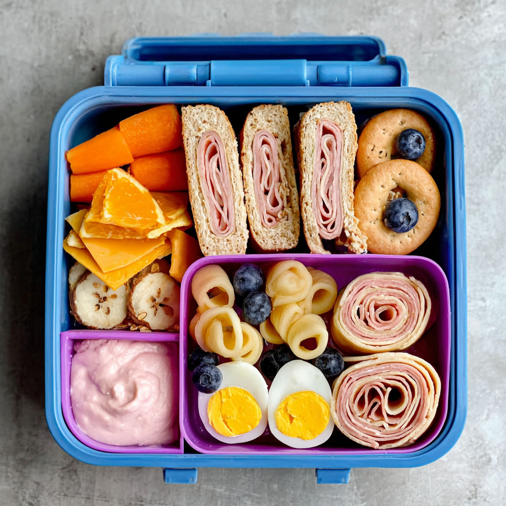 A blue lunch box filled with a variety of foods.